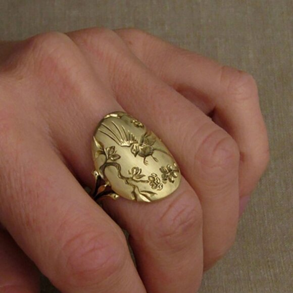 Ethnic Style Oval Birds Flower Tree Carved Vintage Rings for Women, MARR9159 - Picture 3 of 6